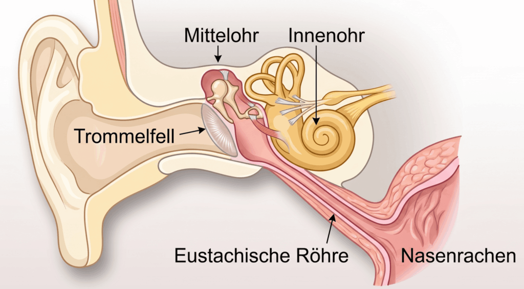 Medizinische Grafik zum Aufbau des menschlichen Ohres mit deutschen Beschriftungen von der Ohrmuschel bis zum Nasenrachen.