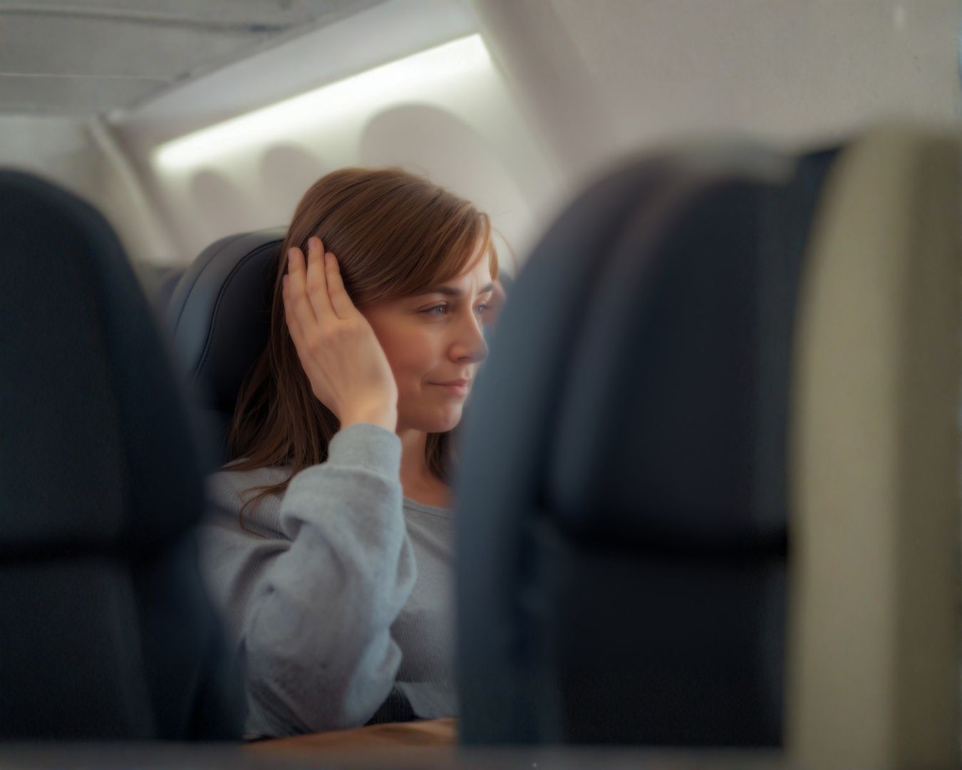 Eine Passagierin im Flugzeug leidet unter Ohrendruck während des Flugs und greift sich ans Ohr.
