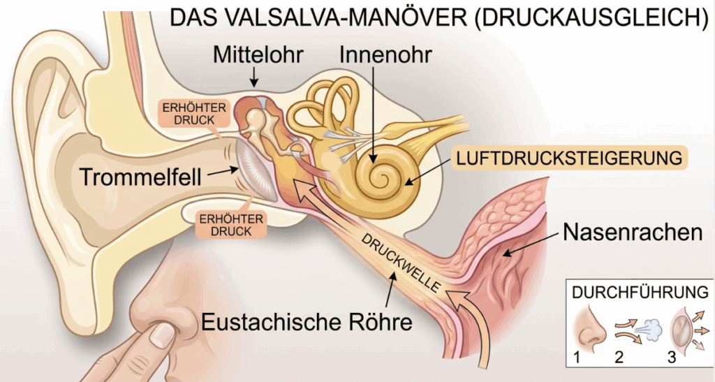 Medizinische Infografik zum Valsalva-Manöver mit einer anatomischen Darstellung des Ohres und einer Schritt-für-Schritt-Anleitung zum Druckausgleich.